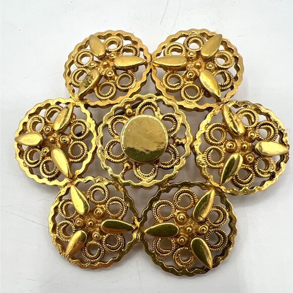 Florenza Filigree Flower Brooch Pin Intricate Design Gold-tone Vintage - Picture 2 of 8